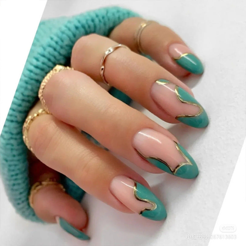 Fashion Mint Green Golden Wavy Line False Nails