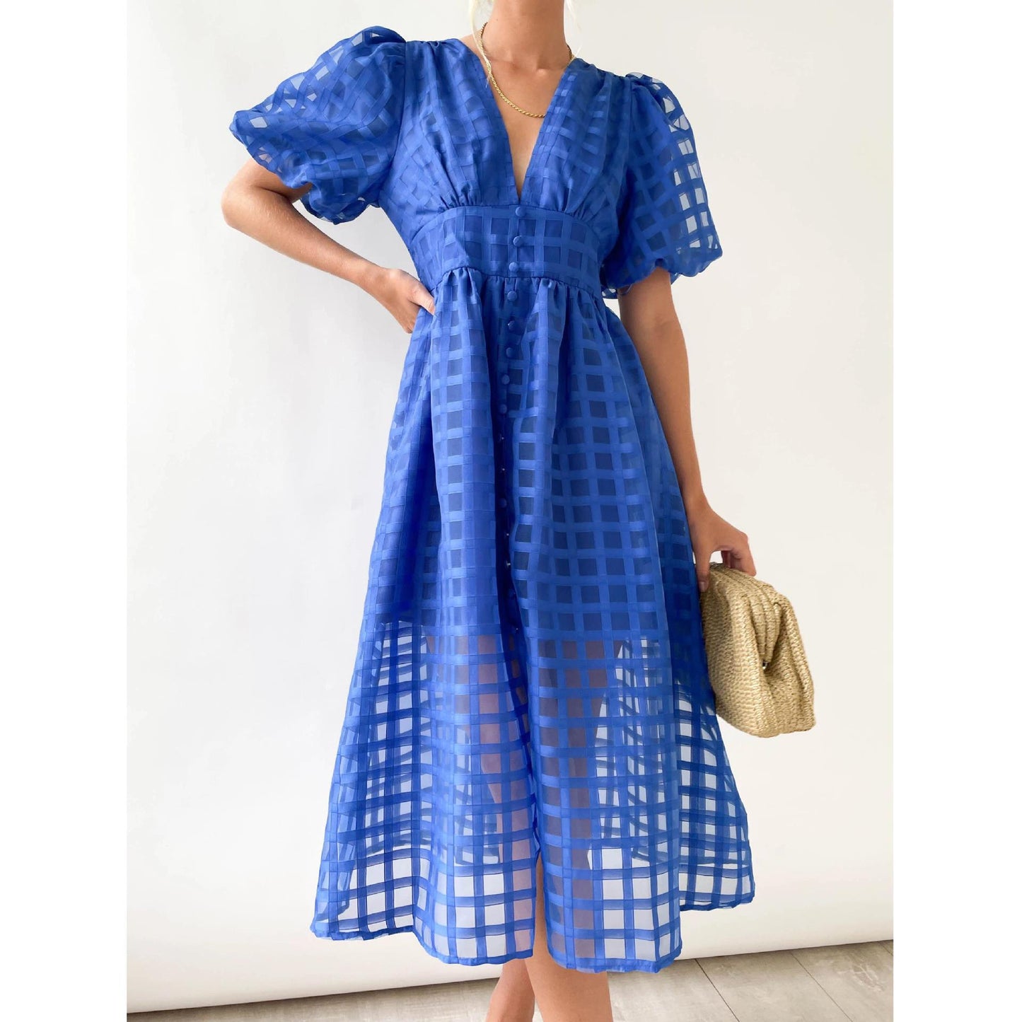 Classic Summer Hollow Design Lantern Sleeves Multi-color Women Dresses