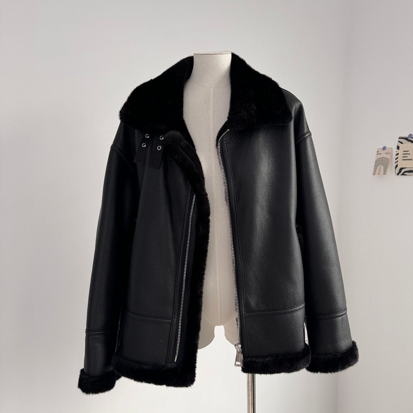 Vintage Stand Collar Leather with Fur Warm Jacket Coats