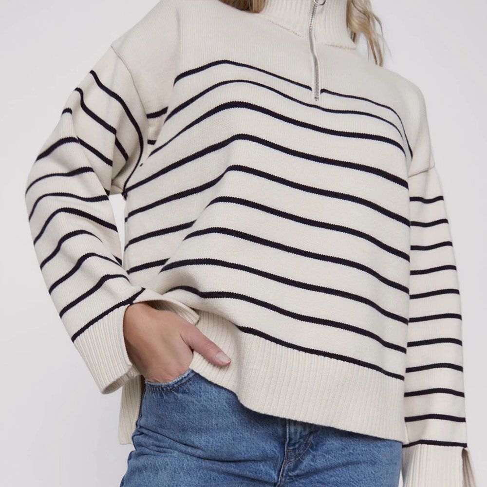 Fashion Striped Zipper High Neck Knitted Sweaters