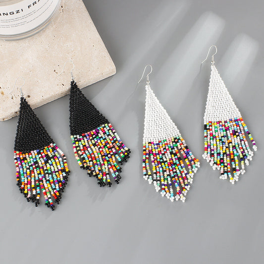 Ethnic Colored Rice Bead Earrings Femininity Bohemian Hand-woven Long Fringed Earrings