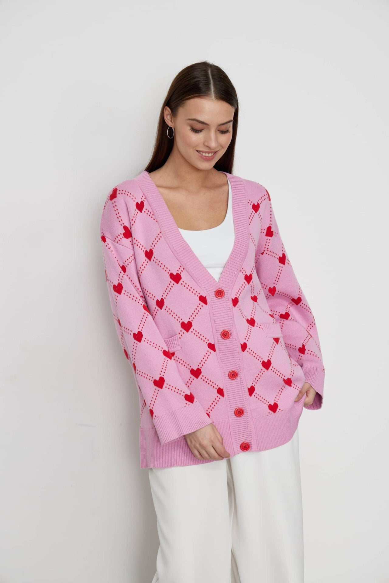 Lovely Pink Sweet Heart Fall Knitted Cardigan