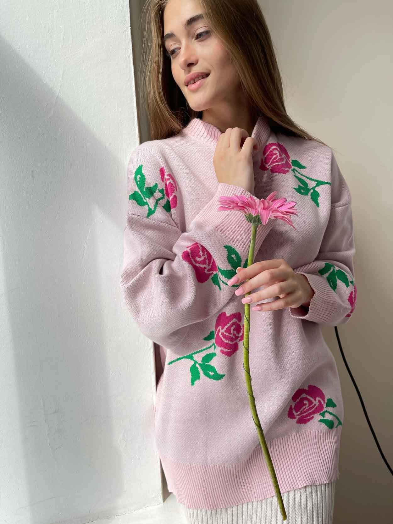 Fashion Rose Flowers Winter Knitted Women Sweaters