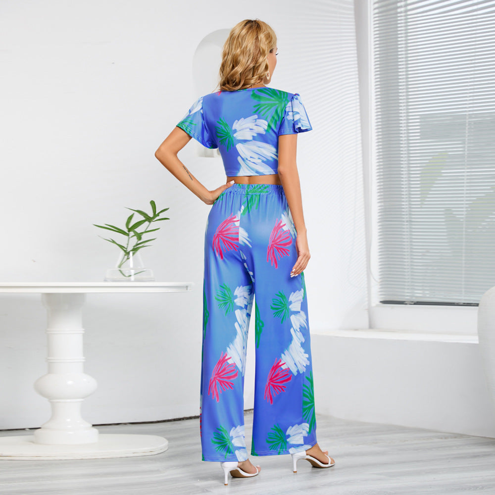 Summer Midriff Baring Tops and Long Pants Two Pieces Sets