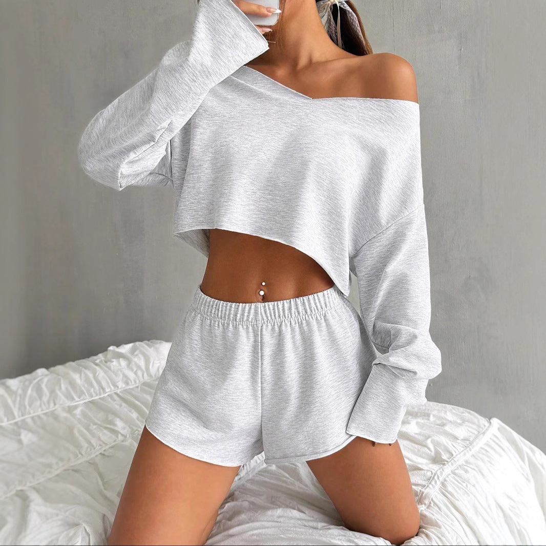 Casual Women Long Sleeves Tops & Short Pants Suits