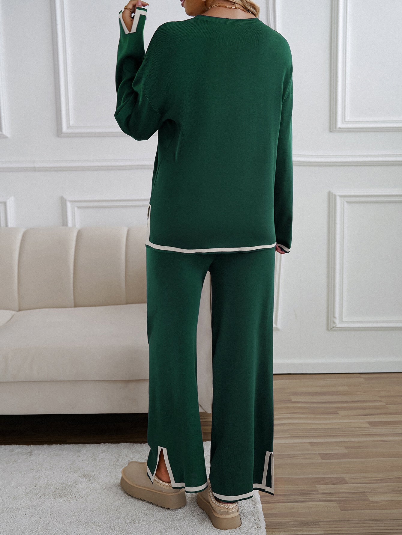 Leisure Solid Two Pieces Women Knitted Sets Tops and Pants