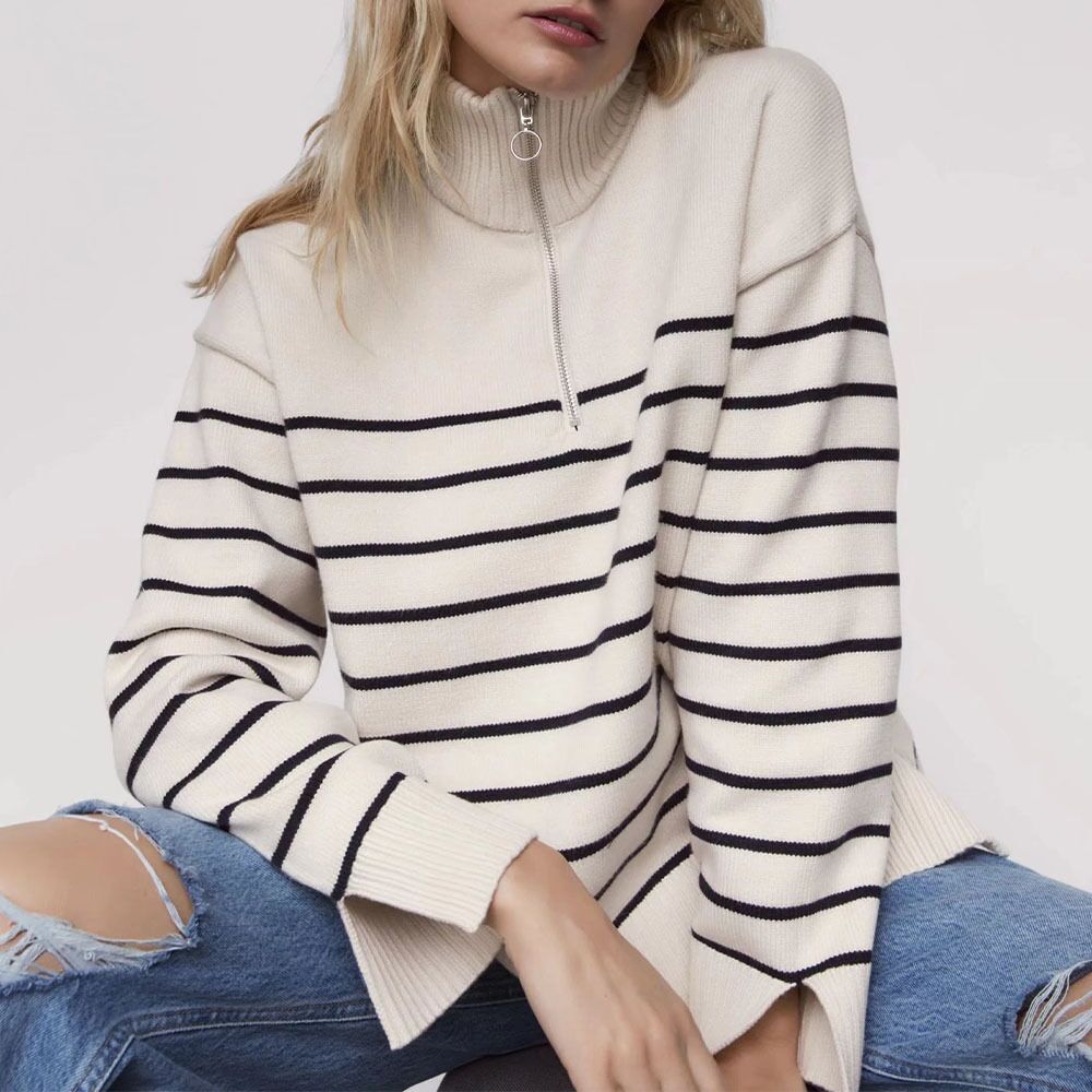 Fashion Striped Zipper High Neck Knitted Sweaters