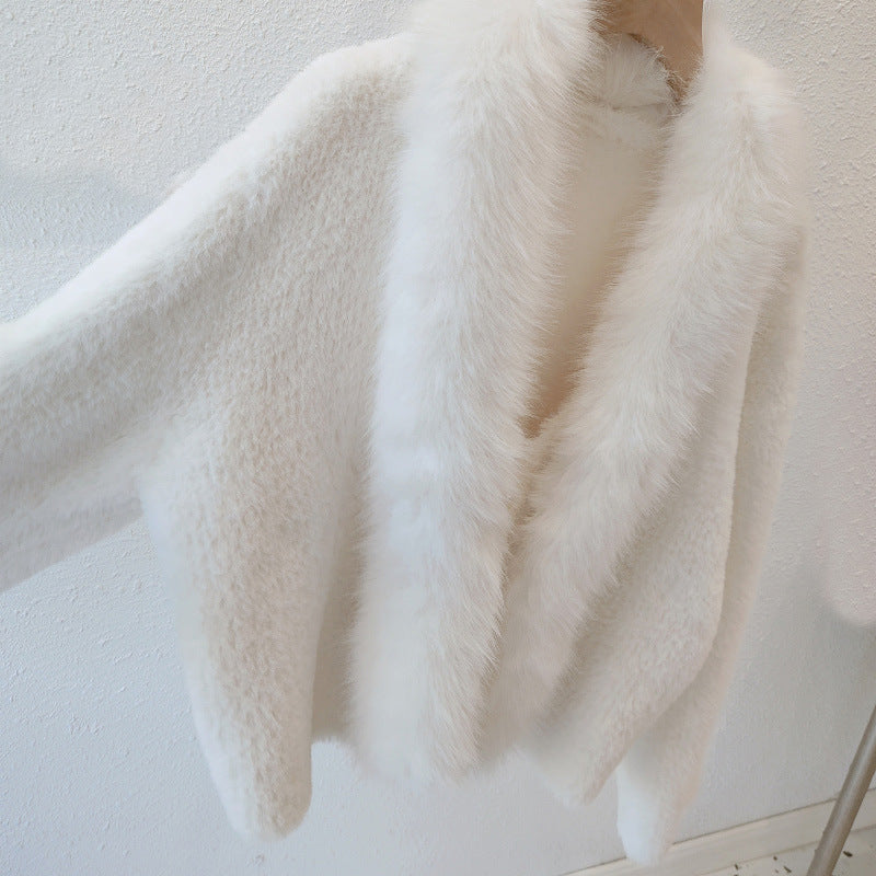 White Fox Fur Neck Short Knitted Jackets for Women