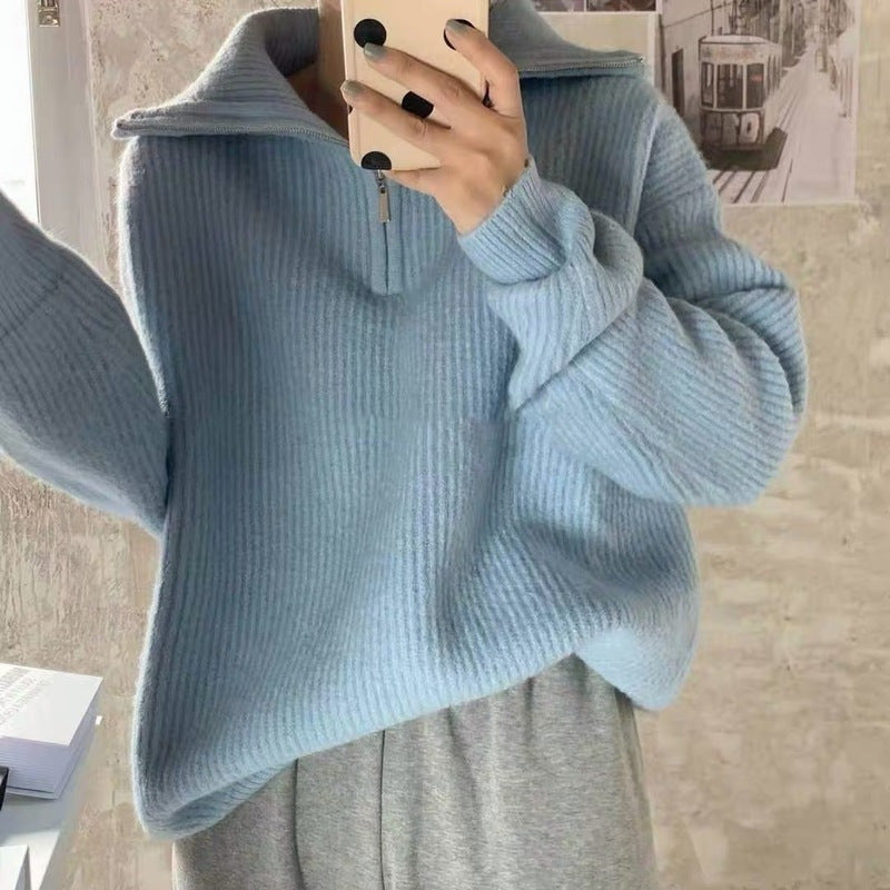 Casual Turnover Zipper Pullover Women Sweaters