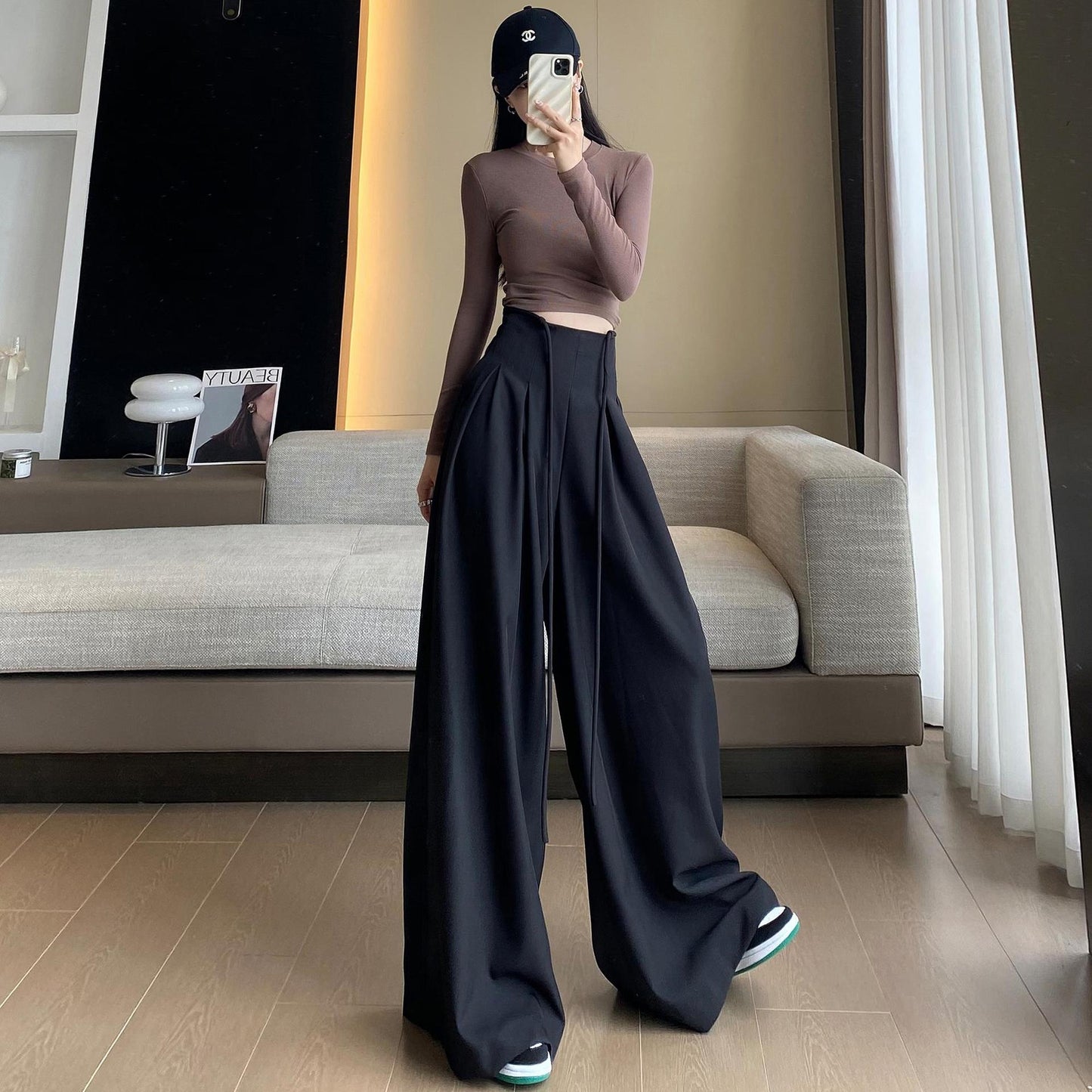 Designed High Waist Wide Legs Straight Pants