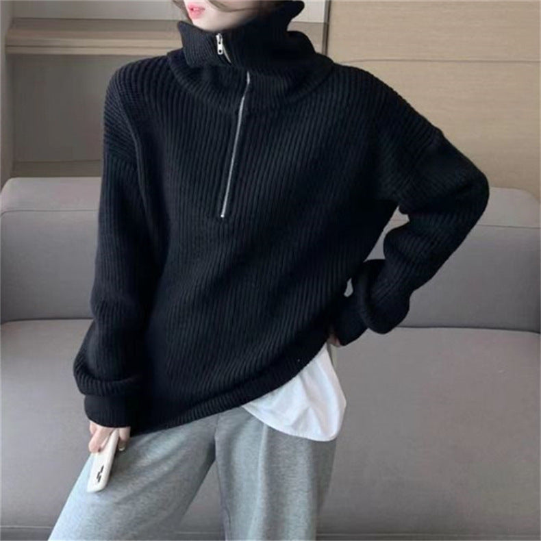 Casual Turnover Zipper Pullover Women Sweaters