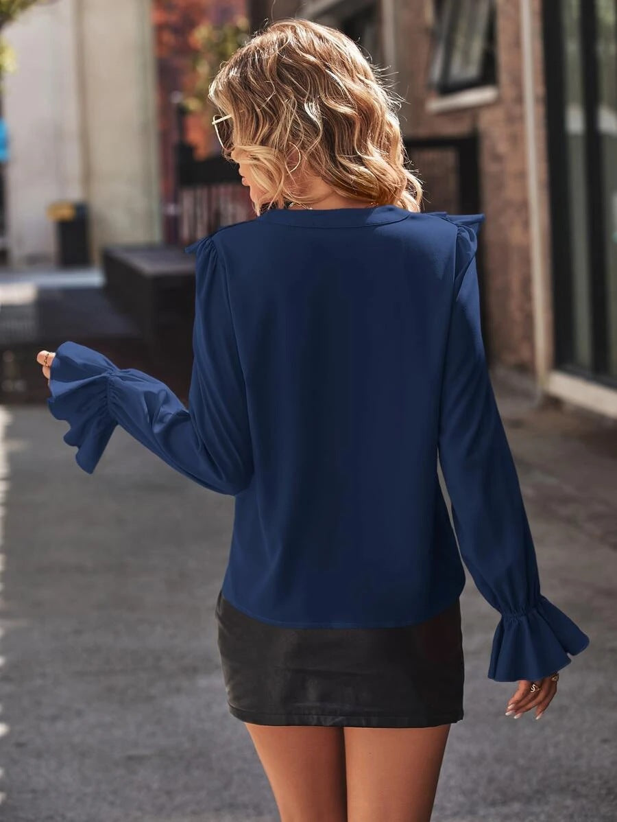 Elegant V Neck Ruffled Long Sleeves Shirts