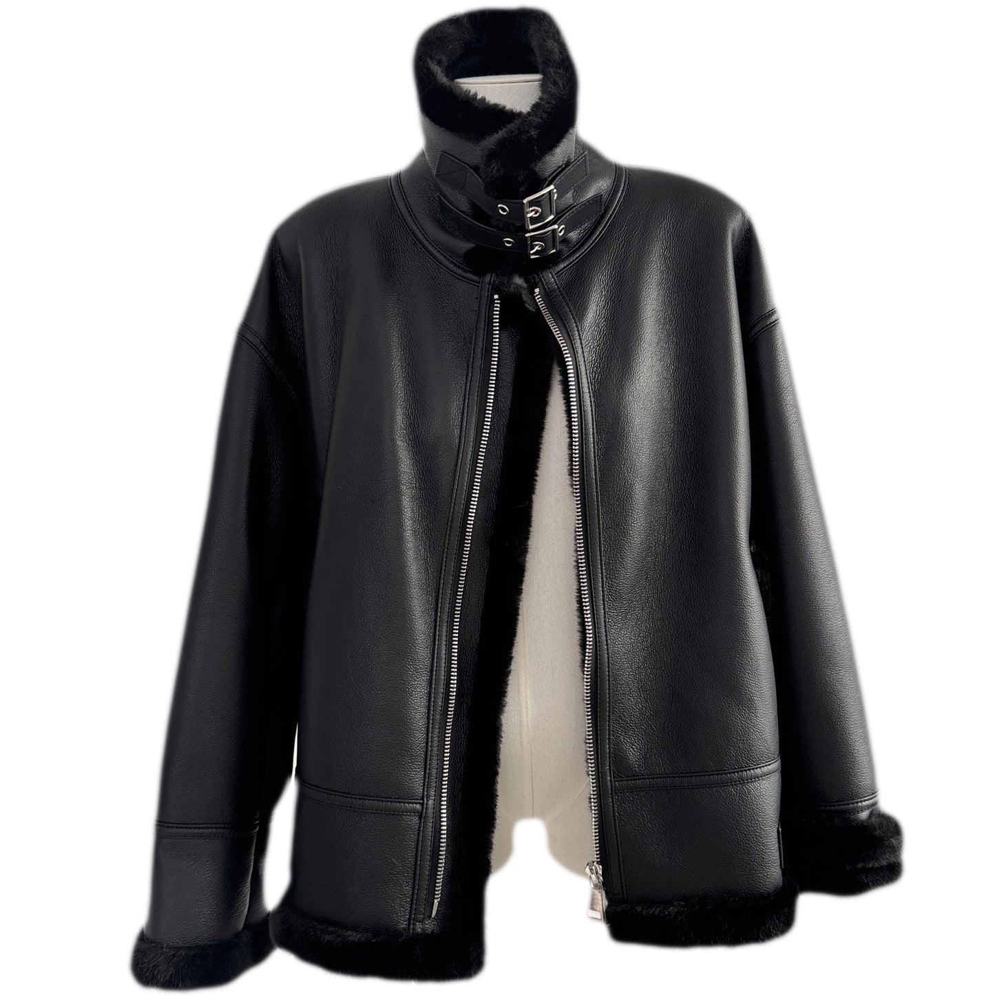 Vintage Stand Collar Leather with Fur Warm Jacket Coats