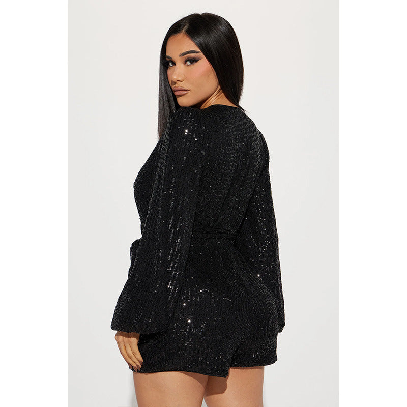Sexy V Neck Sequined Long Sleeves Short Jumpsuit
