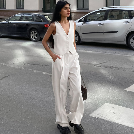 Summer White Sleeveless Vest & Long Pants Two Pieces Suits