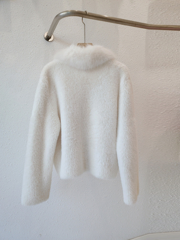 White Fox Fur Neck Short Knitted Jackets for Women