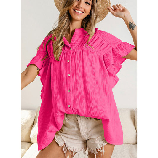 Fashion Stand Collar Ruffled Short Sleeves Shirts