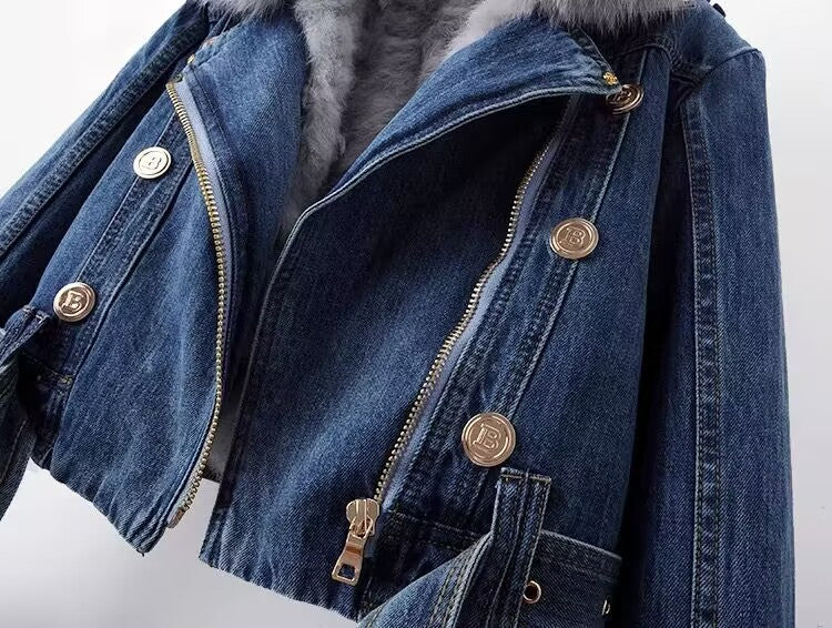 Winter Detachable Fox Fur Denim Jacket Coats for Women