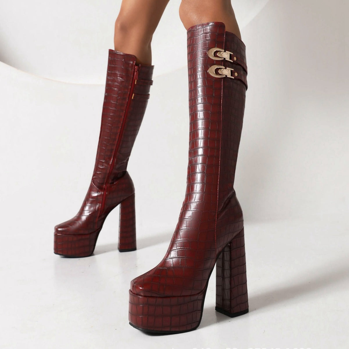 Fashion Women Chunky Heels Platform Knee High Boots