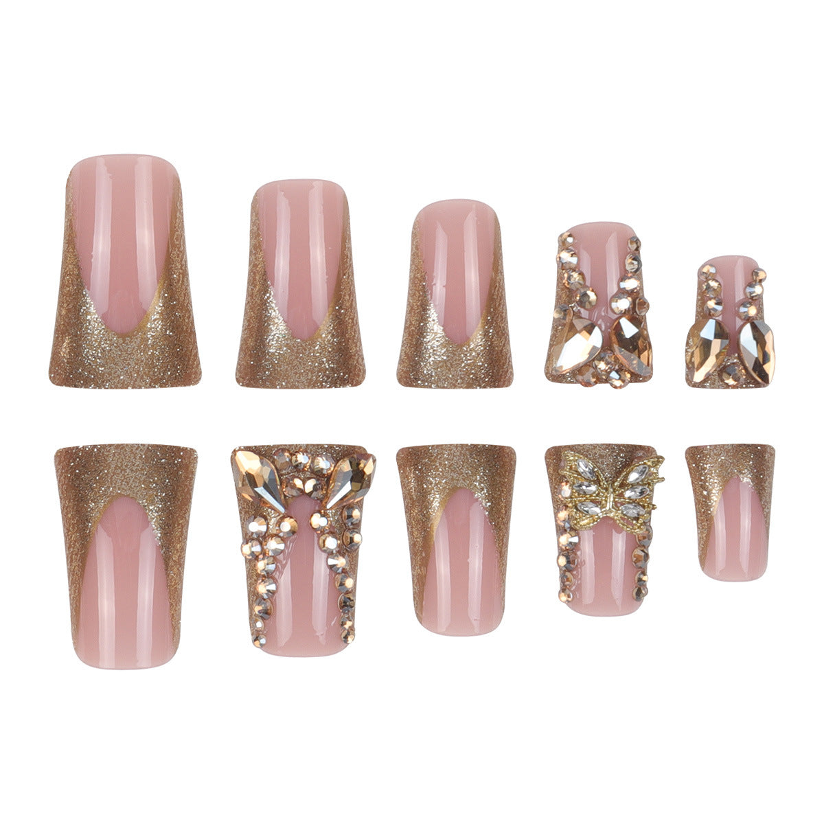 Golden Tiny Rhinestone Bow False Nails