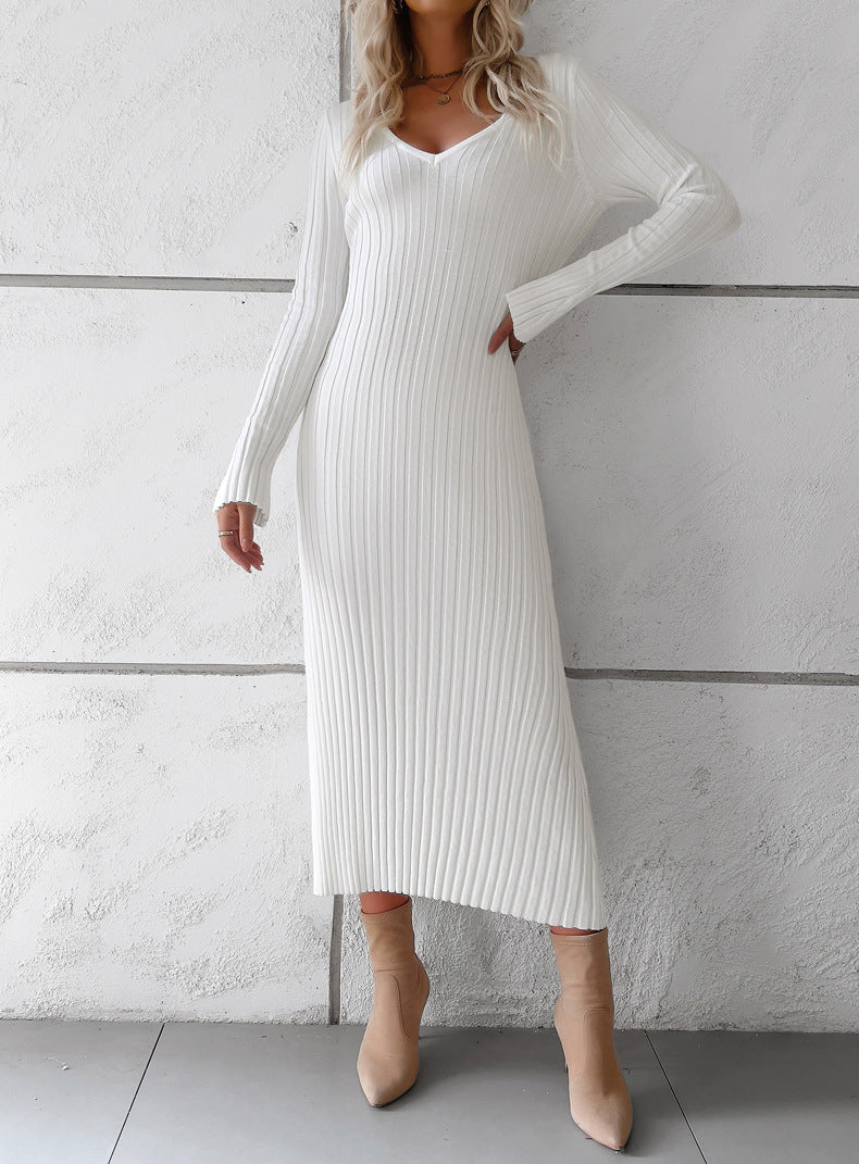 Elegant V Neck Long Sleeves Knitted Dresses