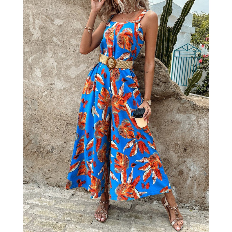 Fashion Floral Print Summer Jumpsuits with Belt