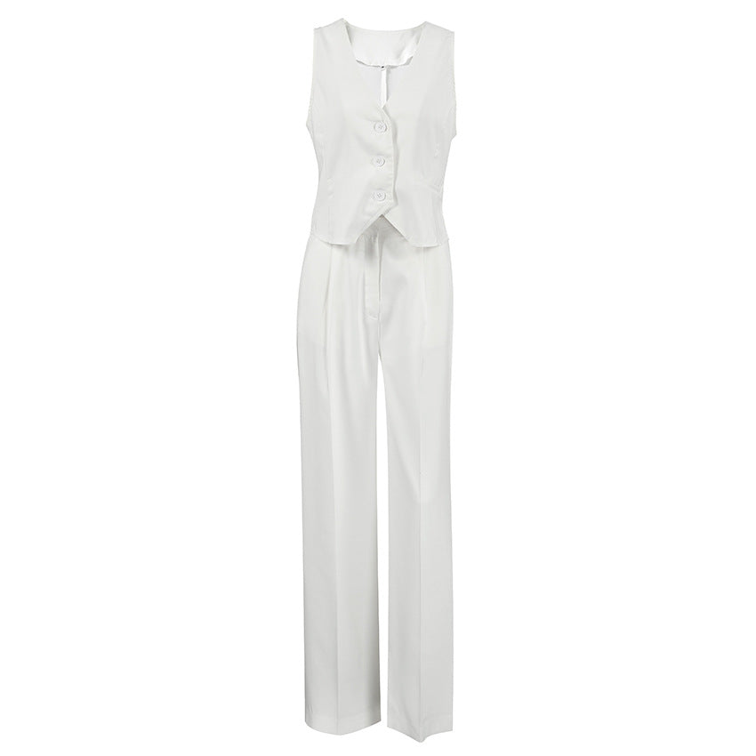 Summer White Sleeveless Vest & Long Pants Two Pieces Suits