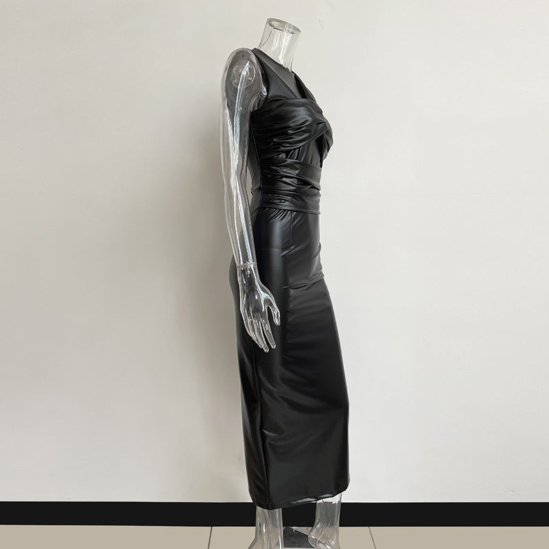 Vintage Irregular PU Leather Sleeveless Long Dresses