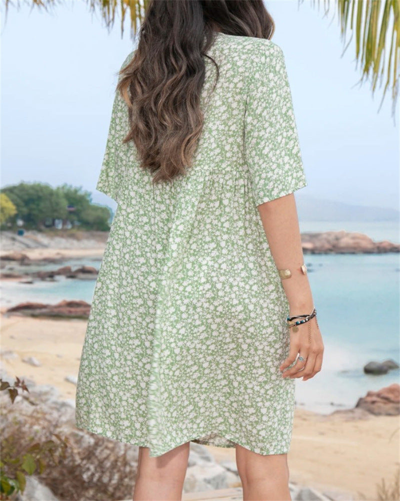 Casual Summer V Neck Button Short Sleeves Daily Dresses