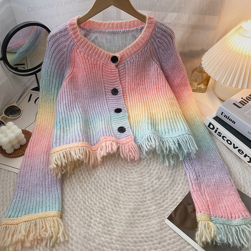 Designed Gradient Color Tassels Long Sleeves Sweaters