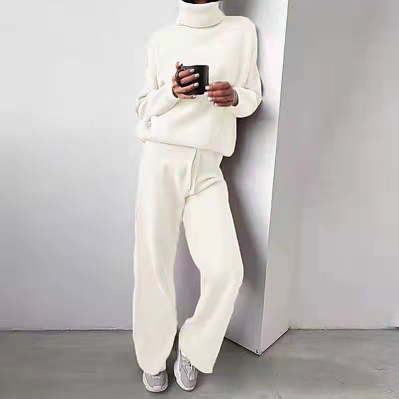 Casual High Neck Two Pieces Knitted Tops & Wide Legs Pants