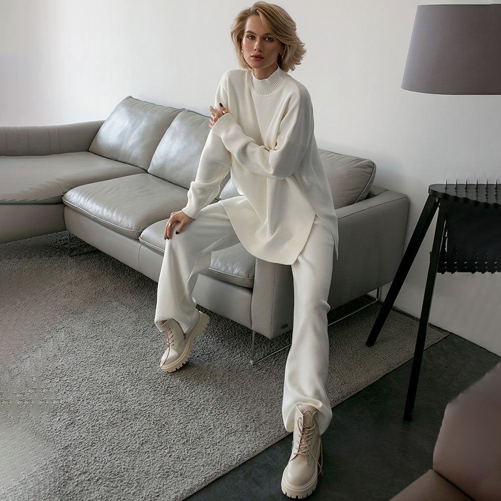 Casual High Neck Knitted Two Pieces Women Suits