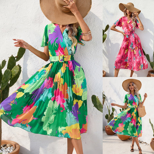 Summer Floral Print Short Sleeves Midi Dresses