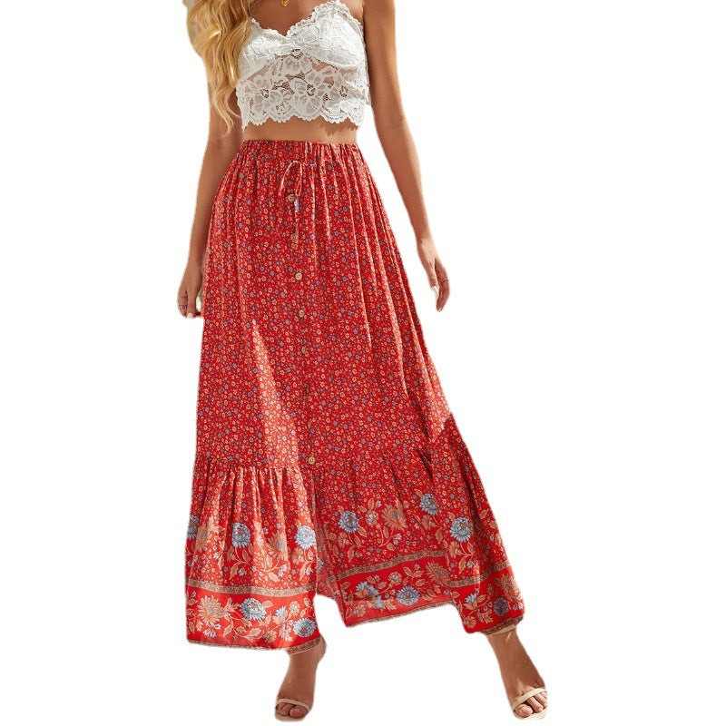 Bohemian Cotton Button-front Split Maxi Skirt for Women