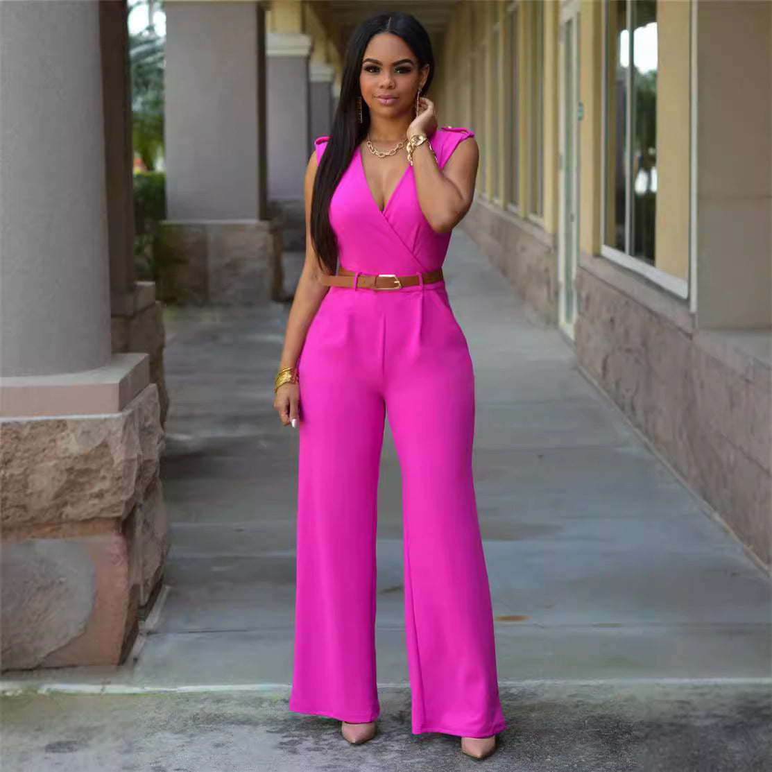 Fashion V Neck High Waist Irregular Wide Legs Jumpsuits