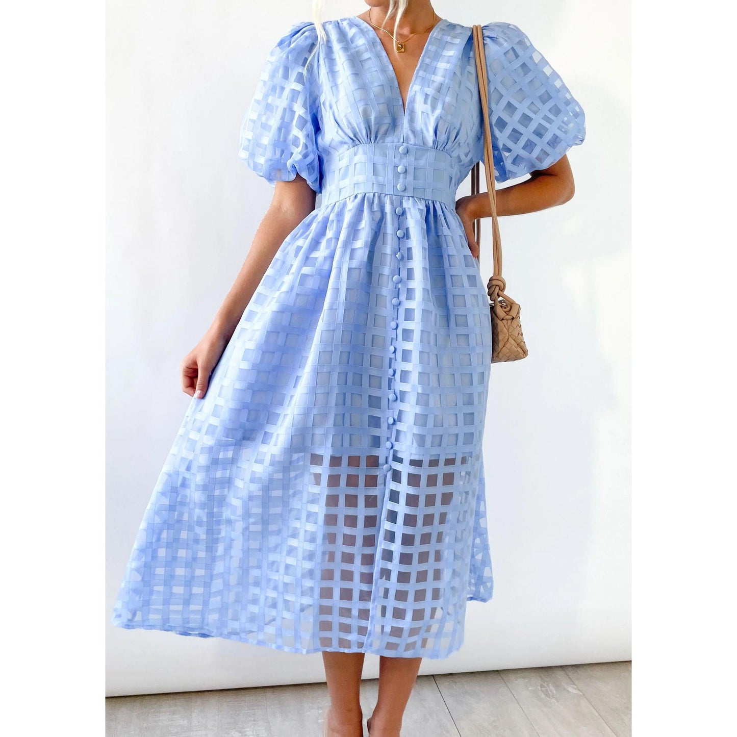 Classic Summer Hollow Design Lantern Sleeves Multi-color Women Dresses