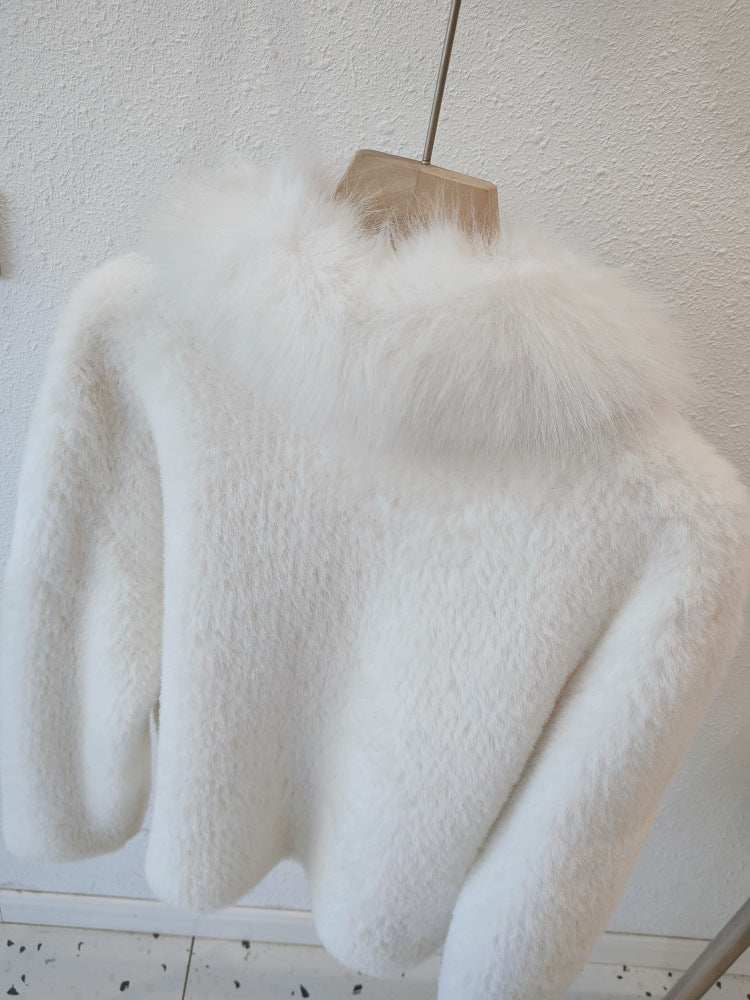 White Fox Fur Neck Short Knitted Jackets for Women