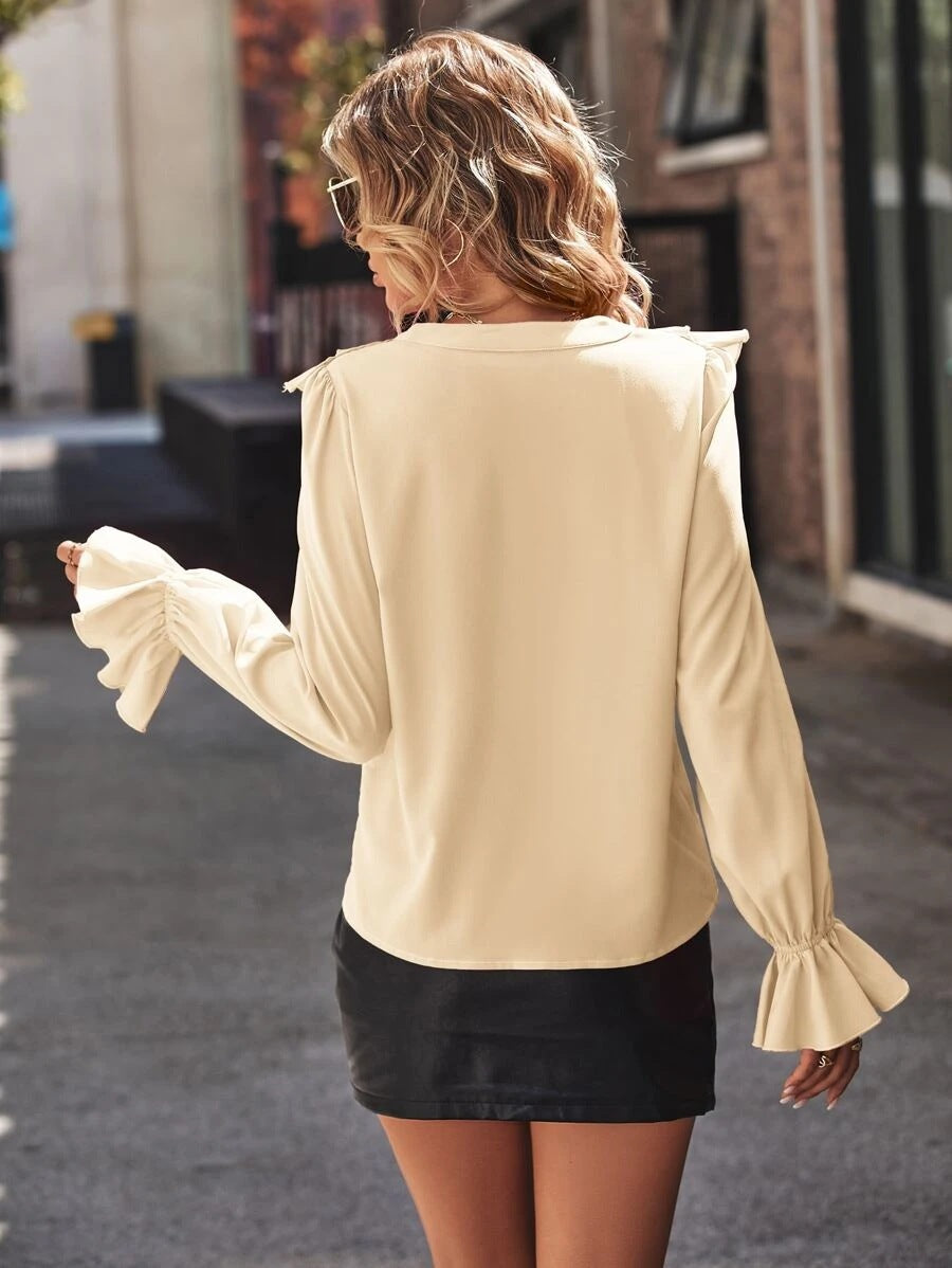 Elegant V Neck Ruffled Long Sleeves Shirts