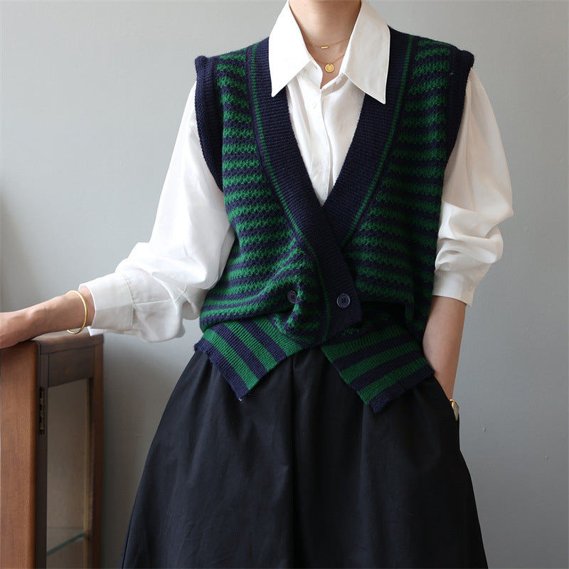 Vintage Designed Striped Knitted Top Vest