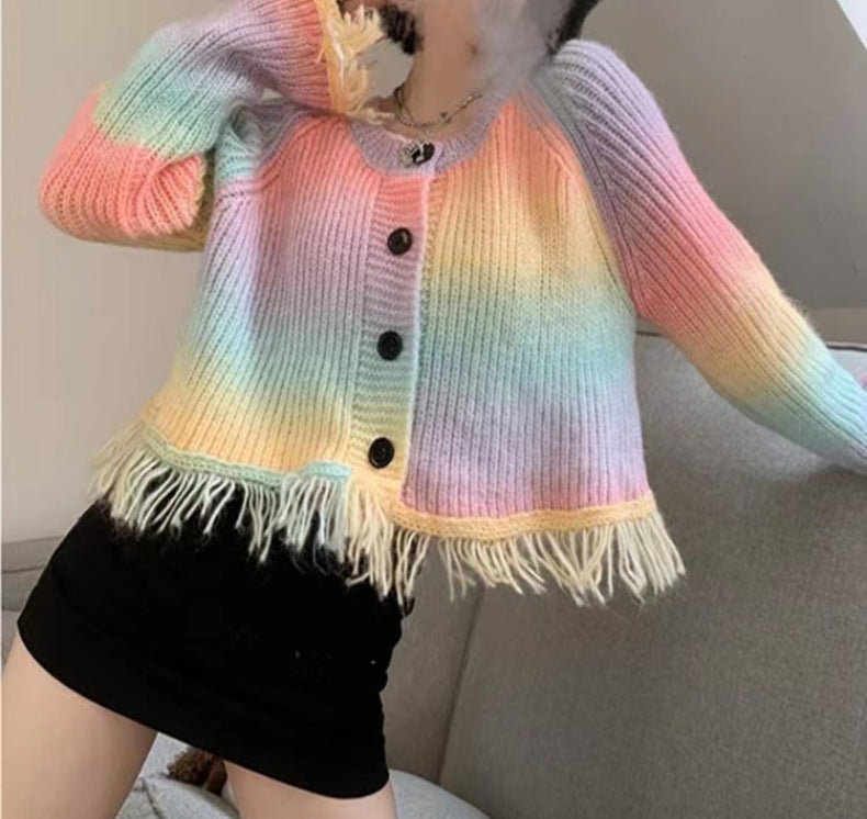 Designed Gradient Color Tassels Long Sleeves Sweaters