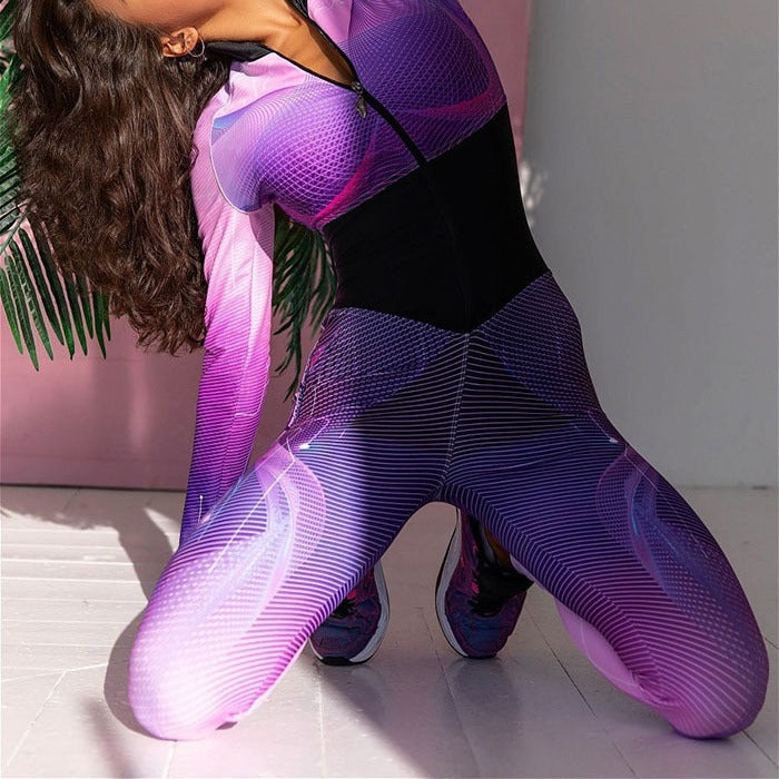 Women Purple Long Sleeves Yoga Exercising Suits