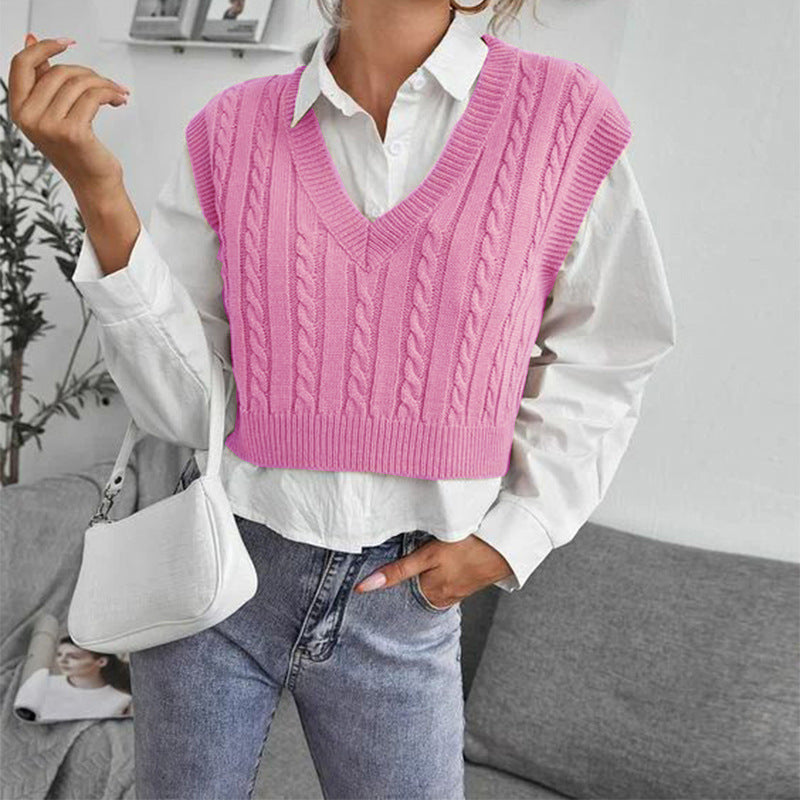 Casual V Neck Sleeveless Knitted Vest