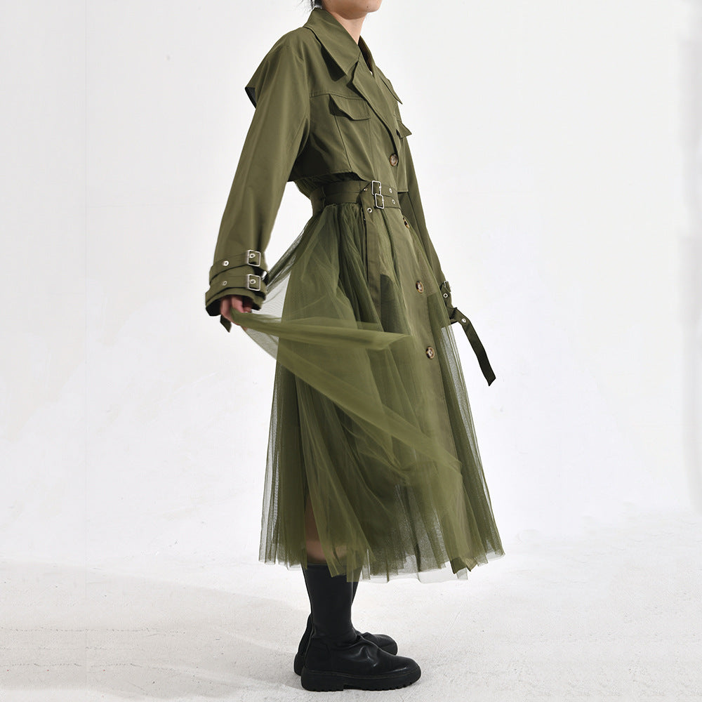 Designed Green Double Breasted Overcoat for Women