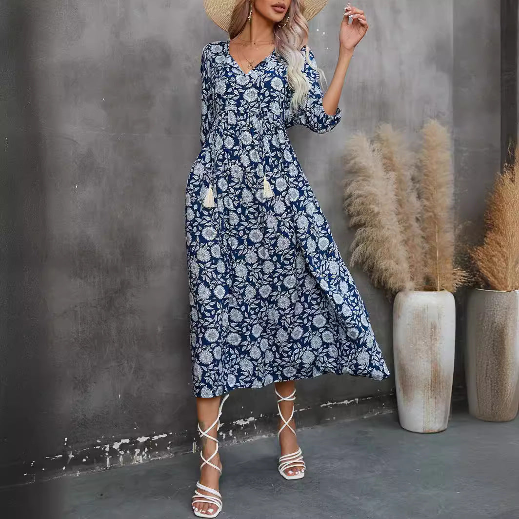 Bohemian V Neck Cotton Long Beach Dresses