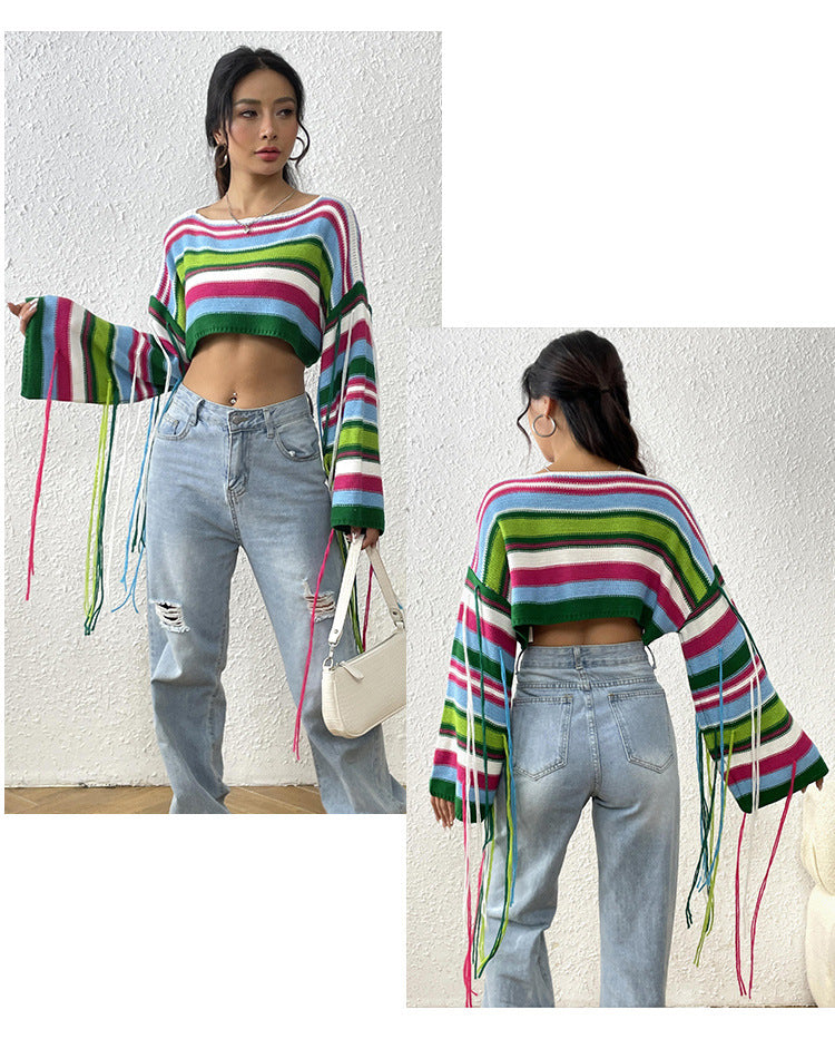 Sexy Rainbow Striped Tassels Short Knitted Blouses