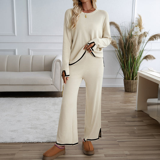 Leisure Solid Two Pieces Women Knitted Sets Tops and Pants