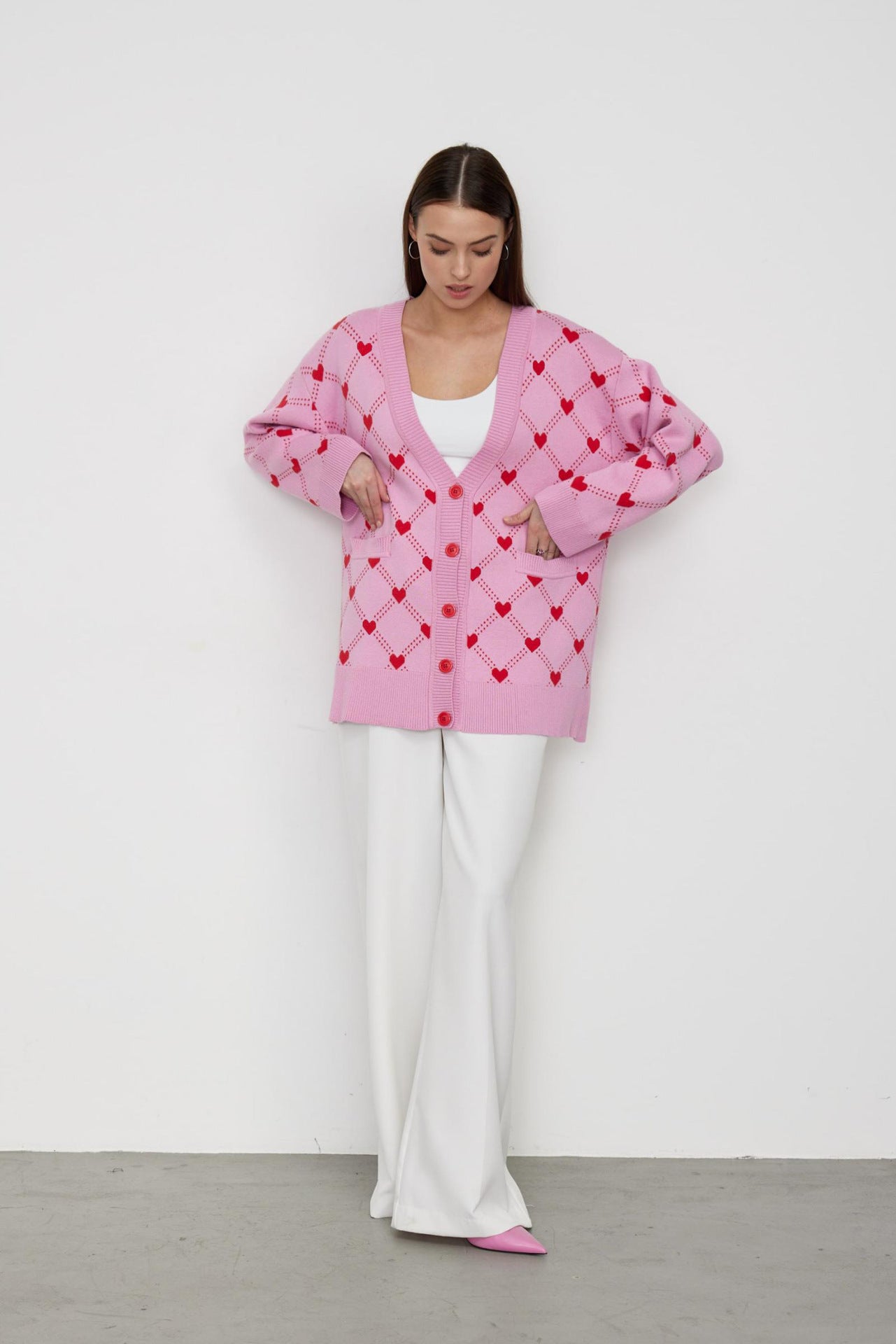 Lovely Pink Sweet Heart Fall Knitted Cardigan