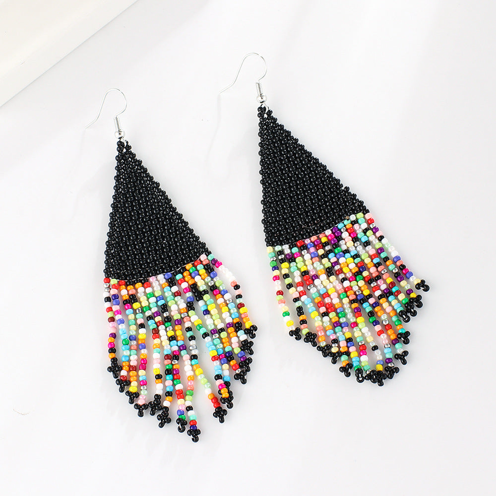 Ethnic Colored Rice Bead Earrings Femininity Bohemian Hand-woven Long Fringed Earrings