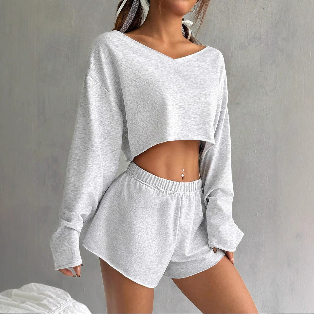 Casual Women Long Sleeves Tops & Short Pants Suits