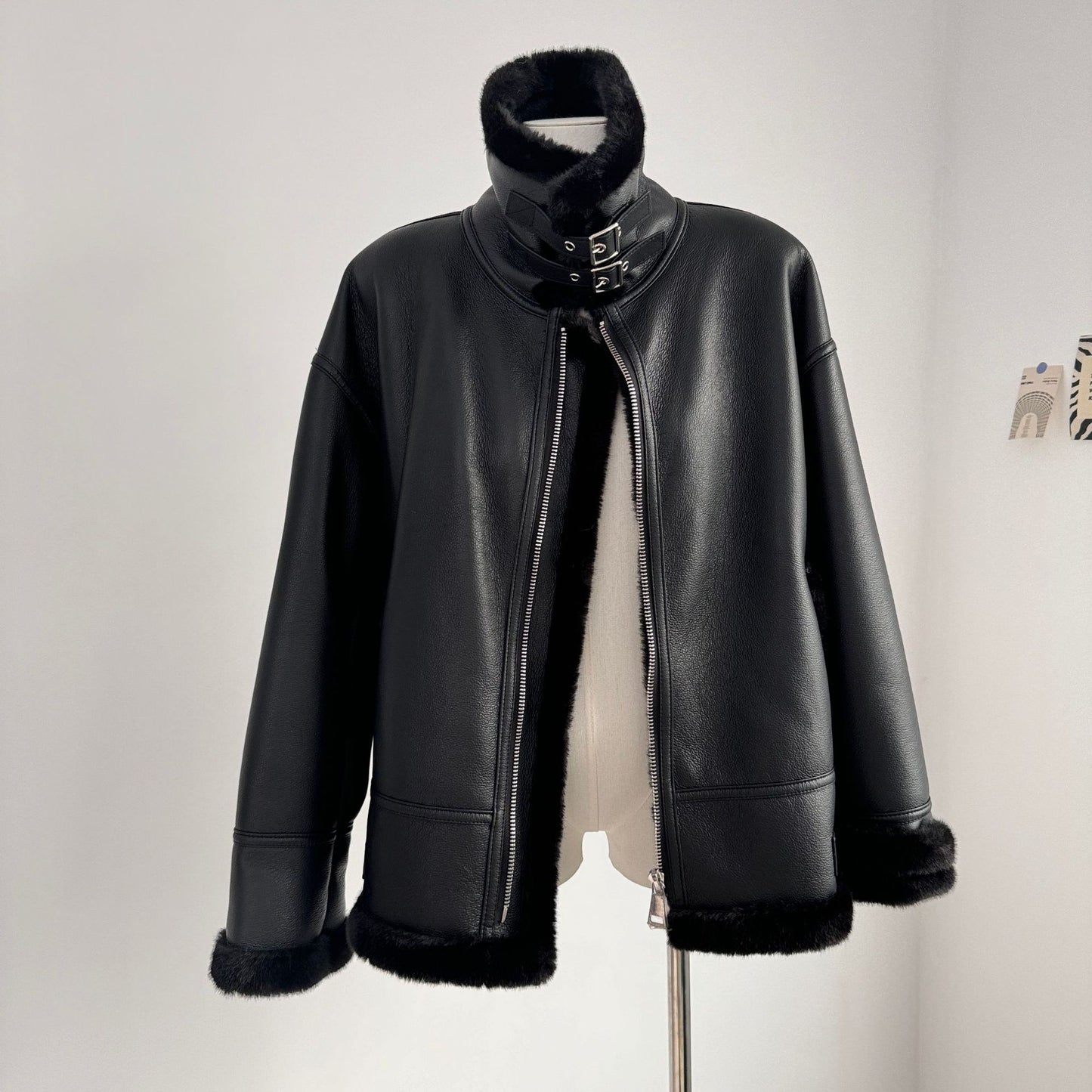 Vintage Stand Collar Leather with Fur Warm Jacket Coats